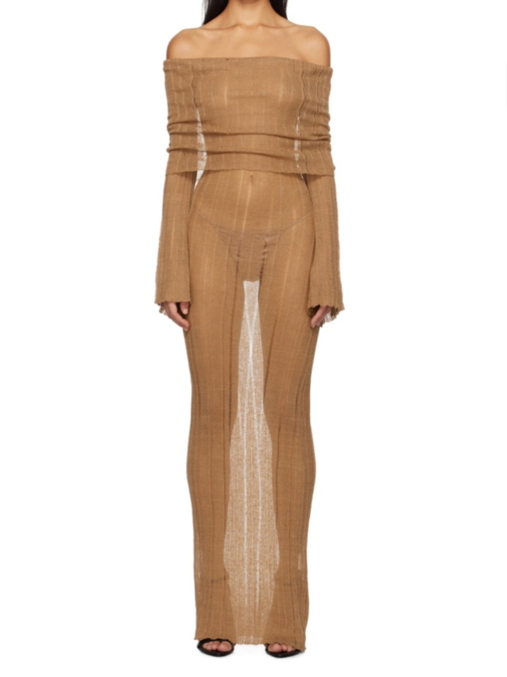 Aya Muse Off-Shoulder Maxi Knit Dress in Brown